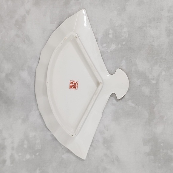 Vintage Ceramic Fan Dish with Birds & Cherry Blossoms from Japan - Picture 4 of 7